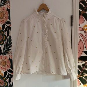 Sezane White Blouse with Gold Hearts
